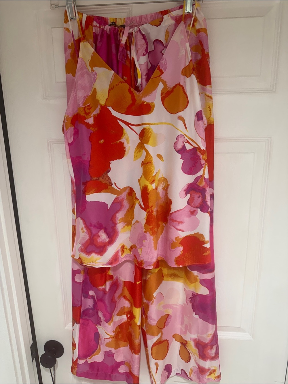 Natori Pink Orange Floral Satin Lounge Set Size Large